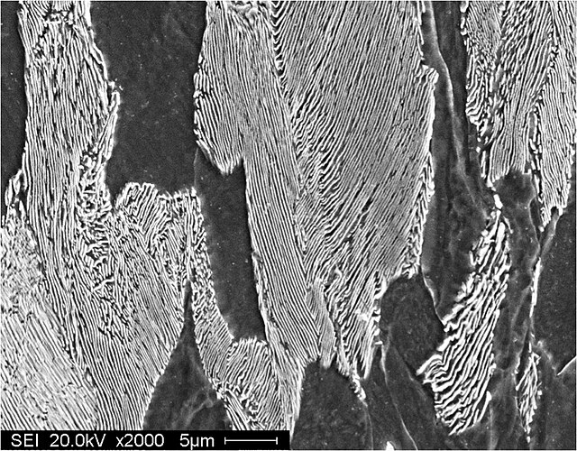 SEM micrograph of etched pearlite, 2000X.